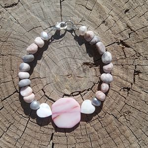 7&1/2 inch Gemstone Sweetheart Bracelet, Handmade: Jasper, Abalone, Pearl